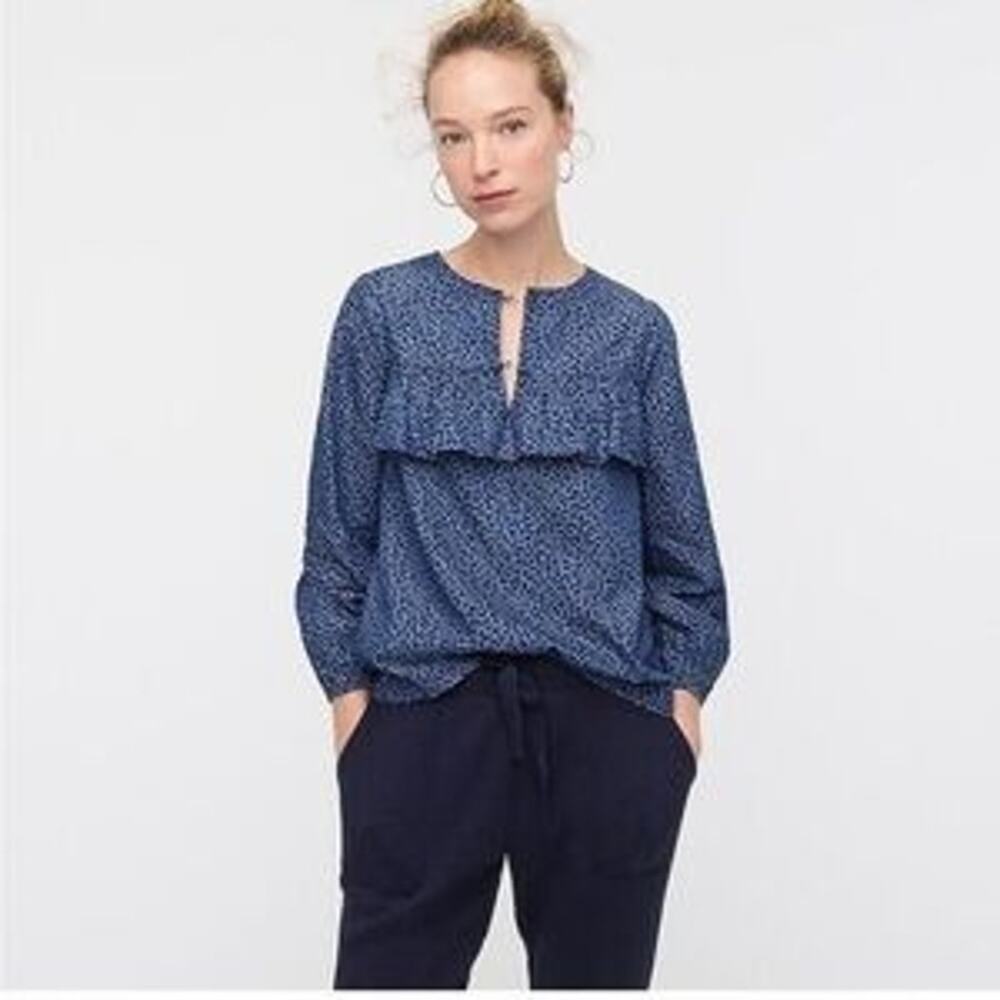 J CREW Cheetah Print Ruffle Top Blue Long Sleeves Woven Cotton Casual Womens XXS - Picture 6 of 6